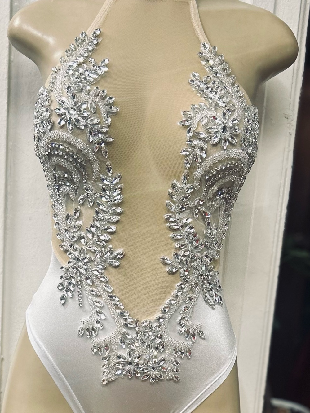 Embellished Silver Illusion Bodysuit Dress